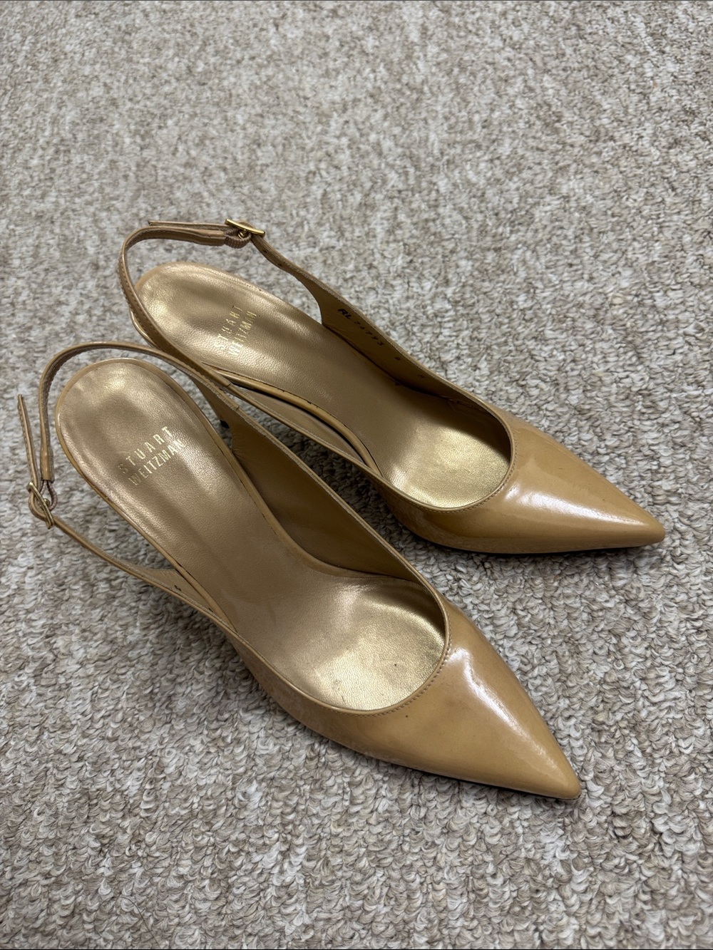 Stuart Weitzman Nude/Tan Patent Pointed-Toe Slingback Pumps